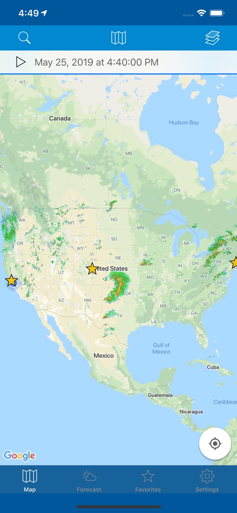 NOAA Weather & Tides - L'application visualise les modèles météorologiques sur une carte interactive, affichant clairement l'imagerie radar animée et les points d'intérêt sauvegardés.