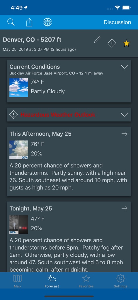 NOAA Weather & Tides - Cet écran offre un aperçu immédiat des conditions actuelles et des prévisions détaillées pour la journée, incluant les pourcentages de probabilité de pluie.
