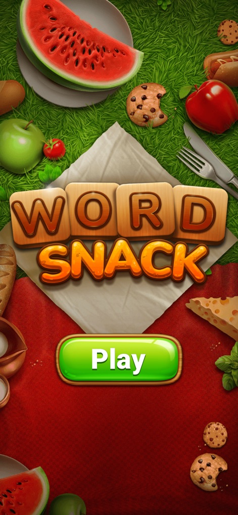 Word Snack - Picnic with Words - The app’s vibrant title screen features the distinct 'Word Snack' logo and an easily accessible 'Play' button, inviting users into the game.