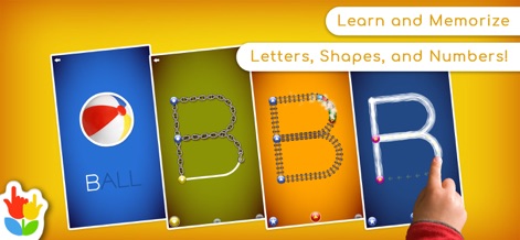 LetterSchool - Learn to Write! - This screenshot illustrates the dynamic tracing animations and the association of letters with corresponding words and images, like 'B' for 'Ball'.