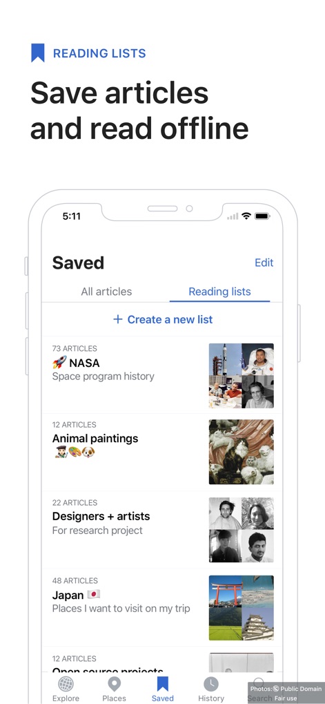 Wikipedia - Los usuarios pueden organizar sus artículos guardados en 'Listas de lectura' personalizadas, cada una con un título descriptivo y miniaturas representativas para una fácil identificación.