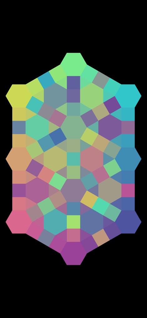 I Love Hue Too - Discover the dynamic interplay of hexagonal and diamond tiles within a central cube-like shape, creating a complex geometric pattern with a broad spectrum of colors.