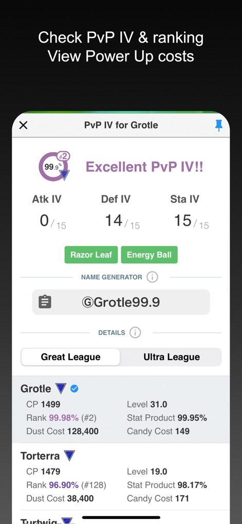 Poke Genie -Remote Raid IV PvP - The app provides detailed PvP IV calculations for optimal league performance, displaying an "Excellent PvP IV!!" rating and cost breakdowns for Great and Ultra Leagues.