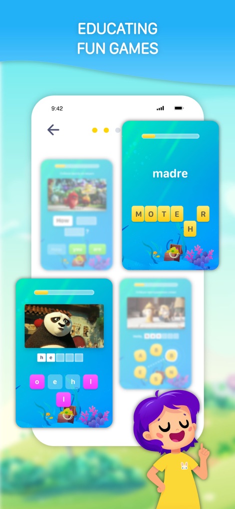 EWA Kids: English for children - Observe the app's engaging gamification through spelling challenges like forming "mother" and letter-arranging puzzles featuring beloved characters.