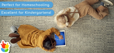 LetterSchool - Learn to Write! - This visual demonstrates the app's suitability for both homeschooling environments and kindergarten settings, showing children engaging with the tablet.