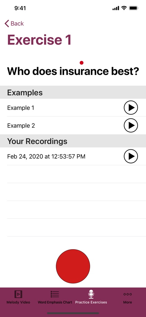 Adding Melody To Your Voice - Aqui, os usuários podem interagir com o "Exercise 1", ouvindo exemplos através dos botões de reprodução e registrando suas próprias vozes com o botão de gravação em destaque.