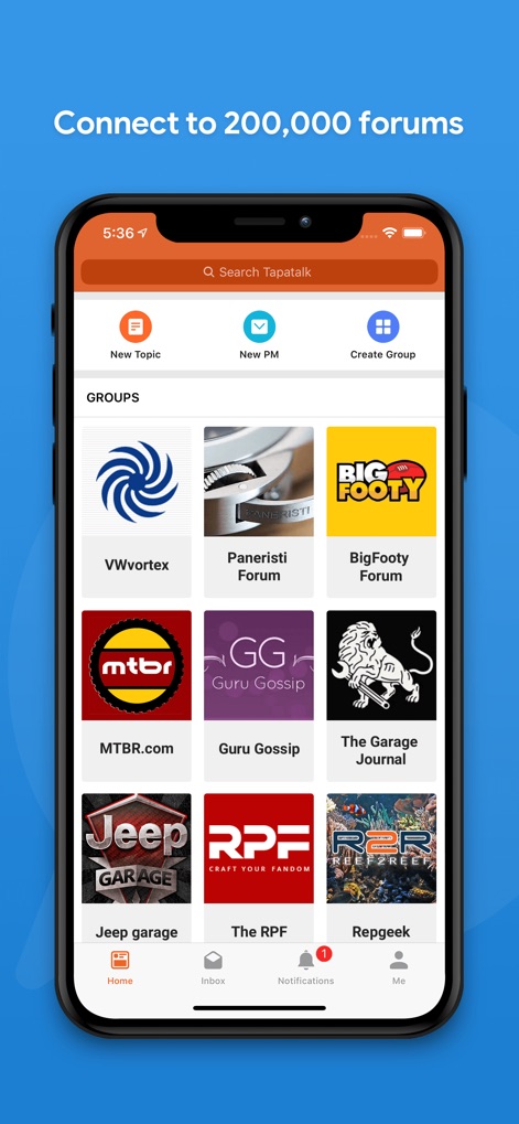 Tapatalk - 200,000+ Forums - This tool highlights its extensive network, featuring prominent forum logos and an intuitive 'Search Tapatalk' bar for discovering specific communities.