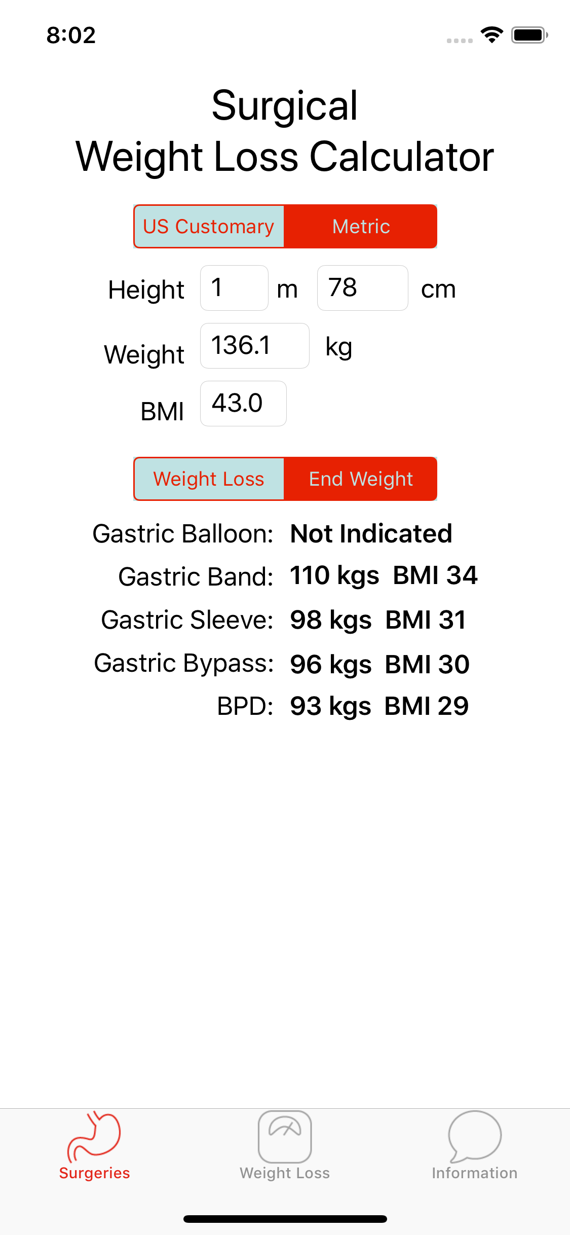 Weight Loss Surgery Calculator