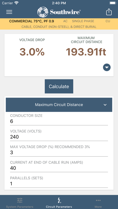 Southwire® Voltage Drop Calc Screenshot