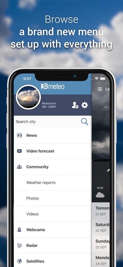 3B Meteo - Weather Forecasts - Explore the app's comprehensive navigation menu, providing quick access to features like community engagement, weather news, and specialized content such as webcams and video forecasts.