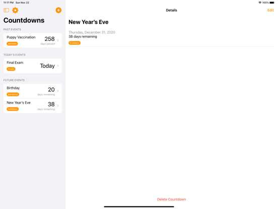 Countdowns - Day Counter iPad screenshot 1 - Utilities app
