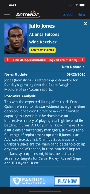 RotoWire Fantasy News Center by Roto Sports, Inc.