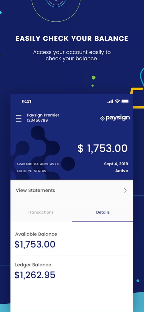 Paysign® - The app clarifies financial standing by differentiating between the available balance and the complete ledger balance.