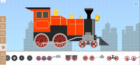 Brick Train Game:Kid & Toddler - The app allows children to customize classical locomotive templates, including changing individual brick sections and choosing from various wheel types to fit their vision.