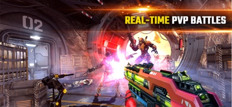 Shadowgun Legends: Online FPS - This app showcases dynamic PvP arenas where diverse player combatants engage in real-time battles, demonstrating intense tactical gameplay.