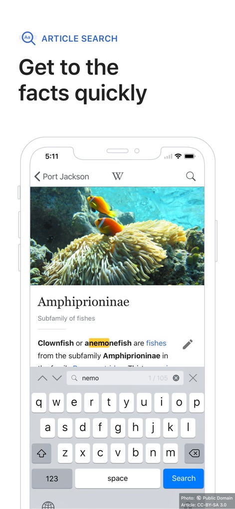 Wikipedia - La aplicación permite a los usuarios encontrar información específica, como el artículo sobre 'Amphiprioninae', utilizando una barra de búsqueda integrada junto a un teclado en pantalla para mayor agilidad.