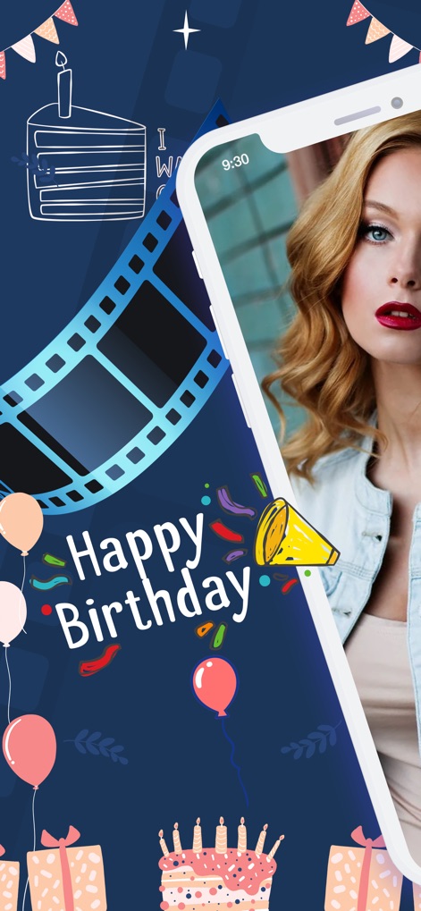Birthday Video Maker Music - Dieser Screenshot zeigt eine festliche Videovorlage mit der prominenten Aufschrift "Happy Birthday" und einer dekorativen Filmrolle, die die Videofunktion der App hervorhebt.