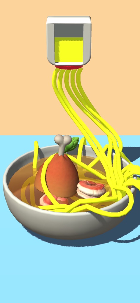 Noodle Master - Esta captura muestra el proceso dinámico de vertido de los fideos amarillos desde la máquina, envolviendo el muslo de pollo y los camarones que ya están en el cuenco.