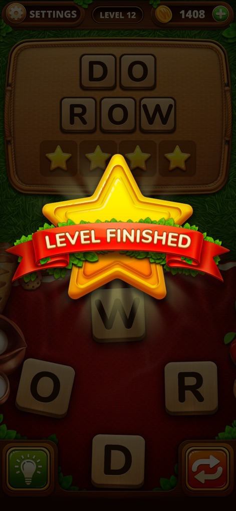 Word Snack - Picnic with Words - Witness the satisfying 'LEVEL FINISHED' triumph display and the star-based reward system that celebrates user achievements in the app.