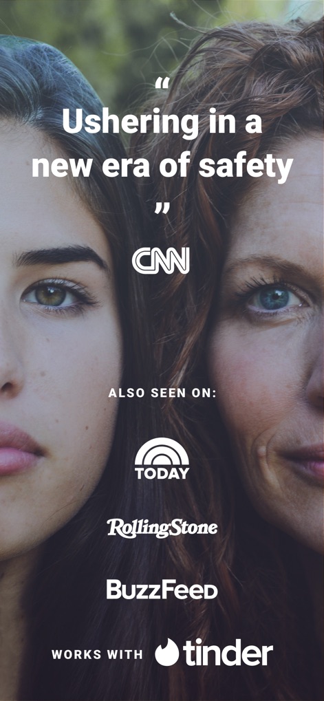 Noonlight: Feel Protected 24/7 - This visual emphasizes the app's industry recognition and strategic partnerships, showcasing the slogan 'Ushering in a new era of safety' and integration with Tinder.