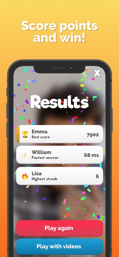 Photo Roulette - The app celebrates with a dynamic confetti animation and provides a detailed score breakdown, including fastest answers and highest streaks.