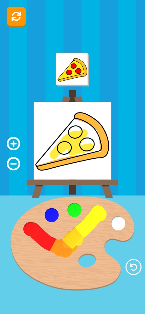 Mix & Paint - L'application met en avant l'application de peinture facile avec les doigts et la forme à remplir de la pizza, guidant les jeunes artistes.