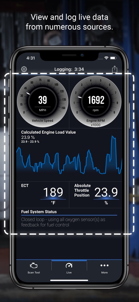 BlueDriver OBD2 Scan Tool - The app offers dynamic 'Live Data' monitoring, presenting critical metrics like 'Vehicle Speed (MPH)' and 'Engine RPM' through interactive gauges and real-time graphing for comprehensive analysis.