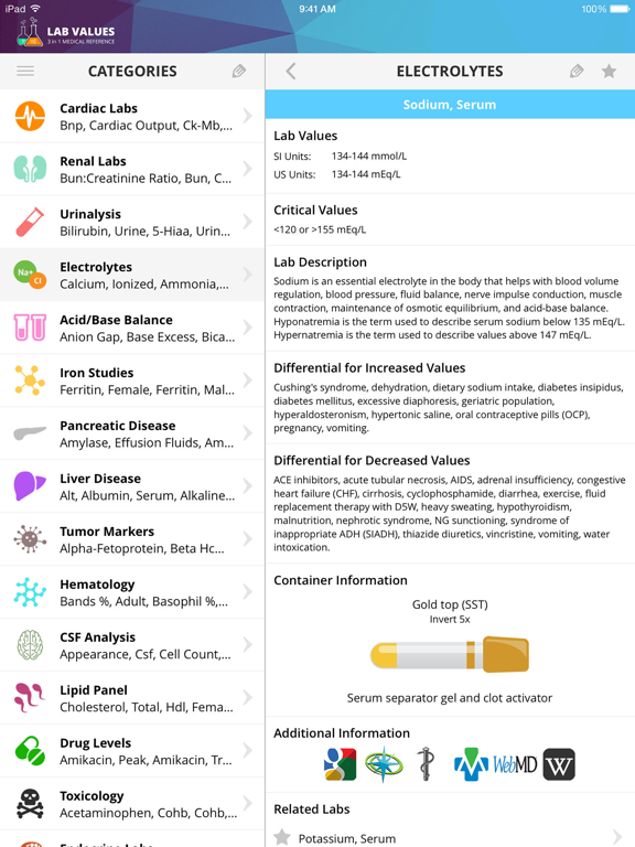 Screenshot #2 for Lab Values Medical Reference