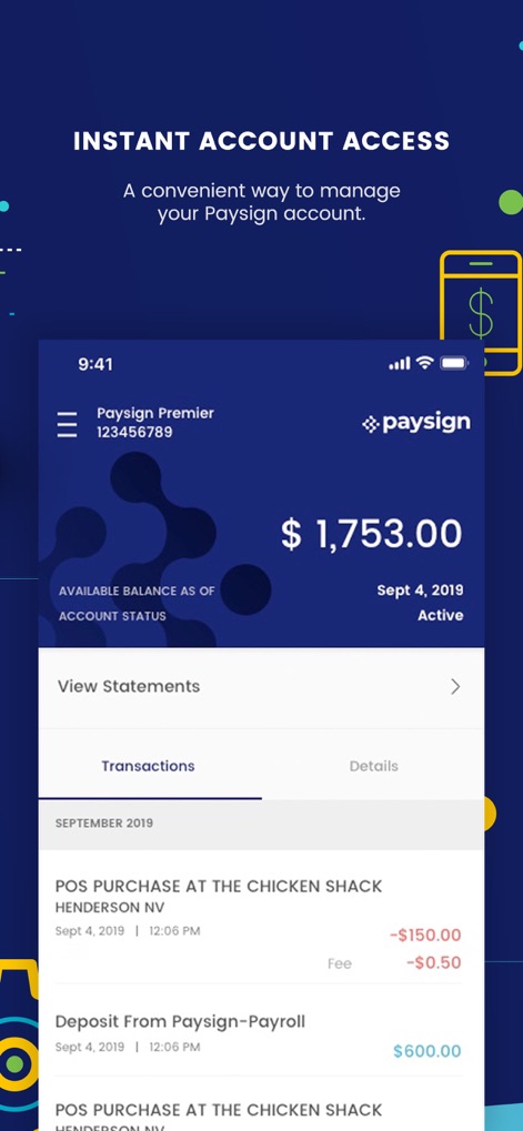 Paysign® - This screen offers a quick overview of the available balance and direct access to detailed transaction statements.