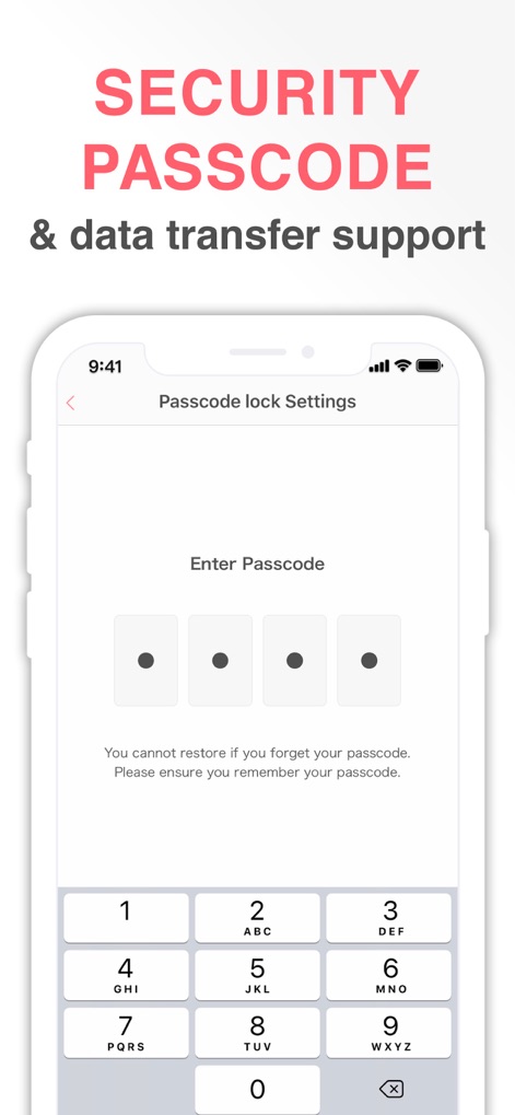 SmartDiet: Weight Loss Watcher - Dieses Tool gewährleistet die Sicherheit persönlicher Daten durch eine Passcode-Sperre, die den Zugriff unbefugter Dritter verhindert und über eine integrierte numerische Tastatur zur Eingabe verfügt.