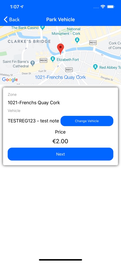 Cork Park by Phone - Bei der Auswahl eines Parkplatzes zeigt die App spezifische Details der Parkzone, wie "1021-Frenchs Quay Cork", und übersichtliche Preisinformationen von "€2.00" für den Parkvorgang an.
