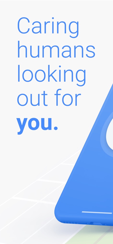 Noonlight: Feel Protected 24/7 - This screenshot highlights the app's commitment to personal safety through its empathetic 'Caring humans looking out for you' messaging and sleek visual design.