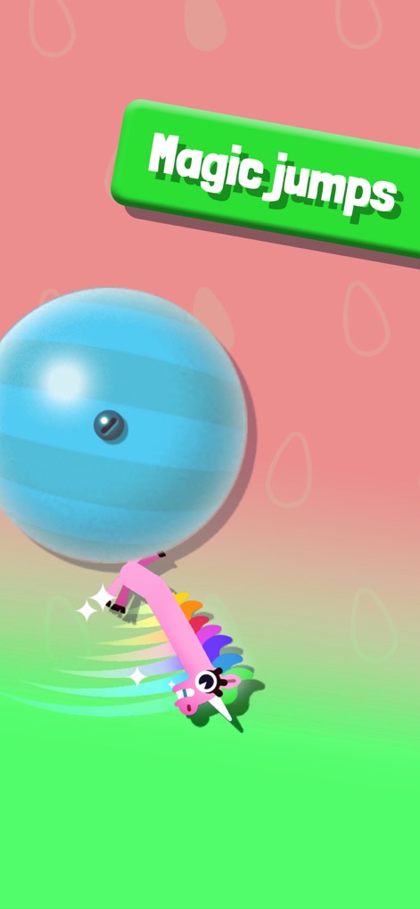 Sausage Flip - Observe the unicorn sausage performing impressive "magic jumps" with vibrant rainbow colors, skillfully maneuvering around a large striped blue sphere.