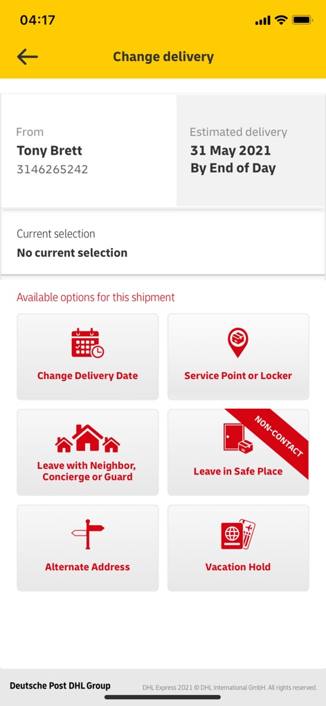DHL Express Mobile App - This screen provides robust control over deliveries, allowing users to 'Change Delivery Date' or opt to 'Leave in Safe Place' to suit their schedule.