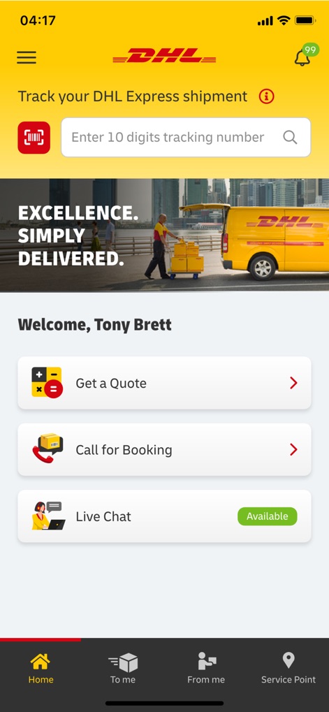 DHL Express Mobile App - The app features a prominent tracking number input field for instant updates and offers quick access to essential functions like 'Get a Quote' and 'Live Chat'.