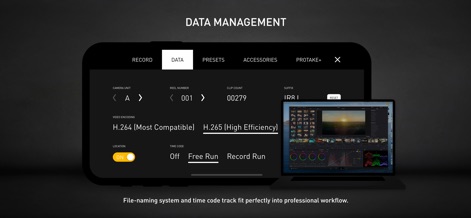Protake - Mobile Cinema Camera - The app supports robust data management, offering H.265 encoding and industry-standard time code options like Free Run for seamless post-production workflows.