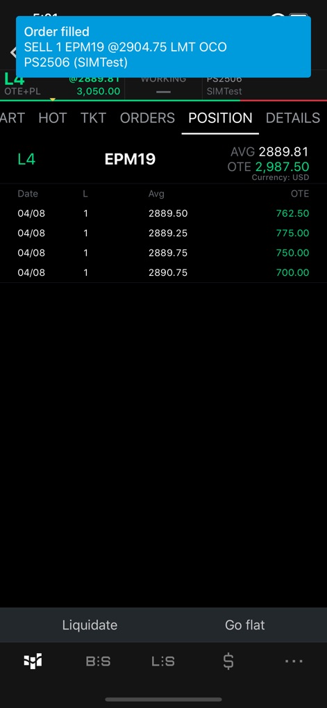 CQG - Monitor active trading positions under the "POSITION" tab, displaying detailed entries like L4 EPM19 and real-time Open Trade Equity (OTE) values.