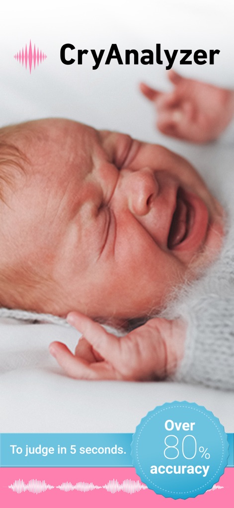 Cry Analyzer - baby translator - Esta tela inicial destaca a promessa do aplicativo de julgar em 5 segundos, apresentada claramente na faixa inferior, e sua impressionante precisão de mais de 80%, visível no selo informativo.