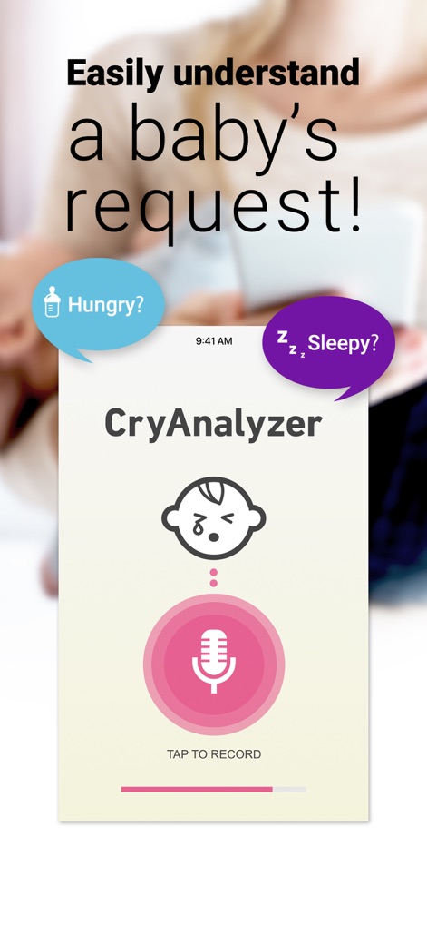 Cry Analyzer - baby translator - Os usuários podem iniciar a análise com um toque no botão de gravação central, enquanto o aplicativo sugere possíveis motivos como 'Hungry?' e 'Sleepy?' em balões de fala.