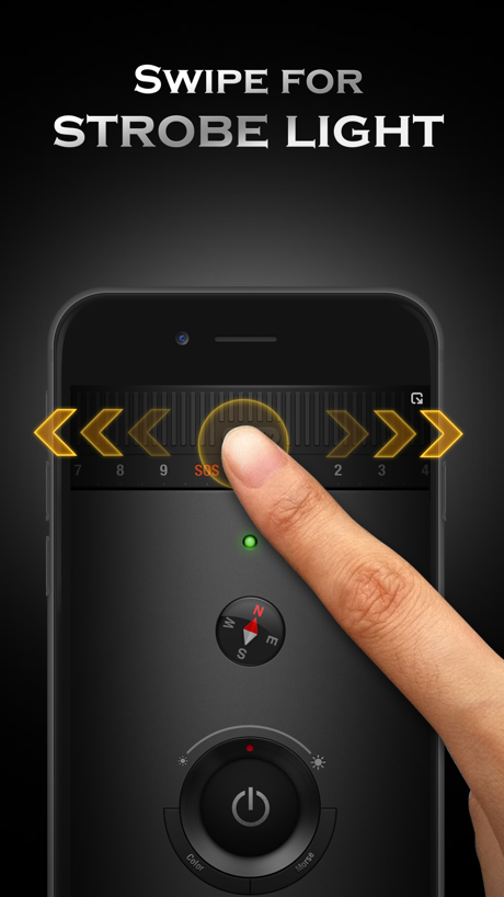 Flashlight Ⓞ App Store screenshot 3, headline “SWIPE FOR STROBE LIGHT”. Orange.