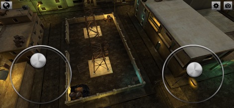 DRS - Drone Flight Simulator - Nesta cena noturna, é possível observar uma área industrial ou urbana com edifícios e estruturas, controlada pelos joysticks virtuais na tela, ideal para voos noturnos desafiadores.