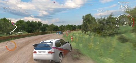 Rally Fury - Extreme Racing - This screenshot highlights the app's realistic racing physics on dirt tracks and the detailed in-game HUD showing position and speed.