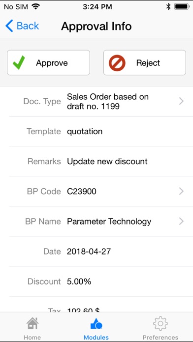 Screenshots of SAP Business One for iPhone
