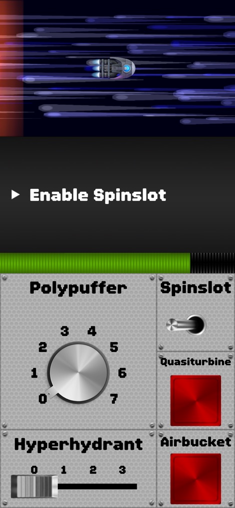 Spaceteam - This screenshot reveals the app's chaotic control panel, featuring the prominent 'Polypuffer' dial for precise adjustments and the critical 'Quasiturbine' toggle switch.