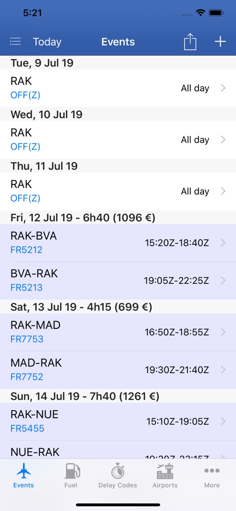 737 Pilot - La aplicación organiza de manera intuitiva el horario de vuelo del piloto, presentando claramente los días libres ('OFF(Z)') y los segmentos de vuelo como el trayecto 'RAK-BVA'.