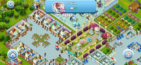 My Hospital: Decorate and Heal - La disposición integral del hospital revela una serie de salas interconectadas y un extenso jardín con un cenador, complementado por la notificación de 'Dr Wise' que indica progreso del personaje.