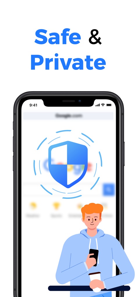 SkyVPN - Unlimited VPN Proxy - Die App gewährleistet Privatsphäre und Sicherheit, was durch das zentrale Schildsymbol auf dem Bildschirm illustriert wird, während der Text "Safe & Private" die Kernbotschaft der Datenverschlüsselung unterstreicht.