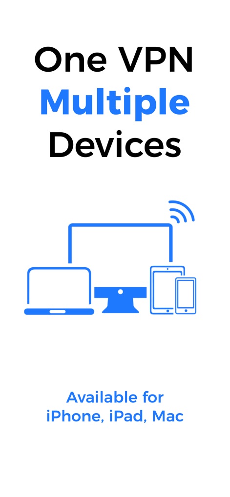 SkyVPN - Unlimited VPN Proxy - SkyVPN unterstützt die Nutzung auf mehreren Geräten, was durch die Darstellung von Laptop, Desktop und Tablet in Verbindung mit Wi-Fi-Symbolen gezeigt wird, und bestätigt seine Kompatibilität für Plattformen wie "iPhone, iPad, Mac".