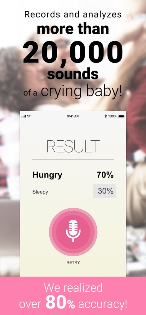 Cry Analyzer - baby translator - A tela enfatiza a vasta base de dados do aplicativo, com mais de 20.000 sons de bebê analisados e a garantia de mais de 80% de precisão, reforçando a confiabilidade da ferramenta.