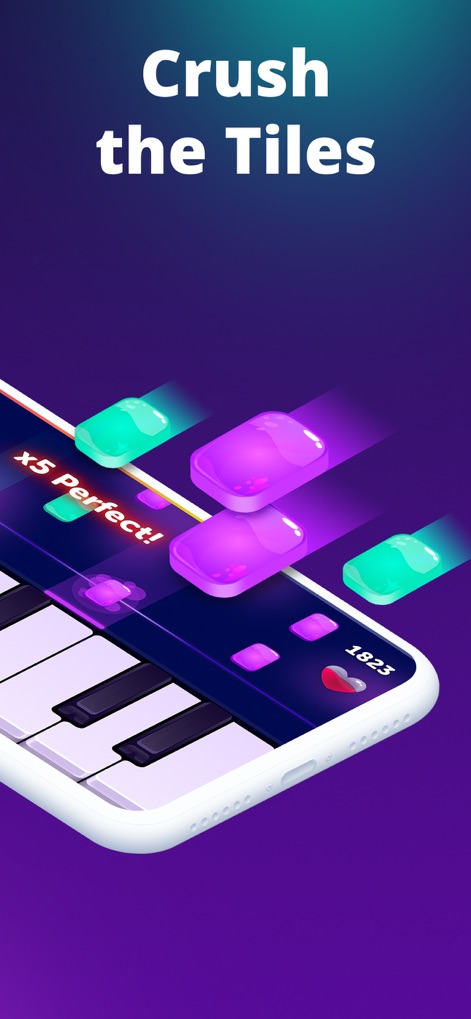 Piano Crush - Keyboard Games - In diesem Spielmodus schlagen Nutzer fallende, leuchtende Kacheln im richtigen Moment an, um perfekte Treffer und beeindruckende Kombos wie "x5 Perfect!" zu erzielen.